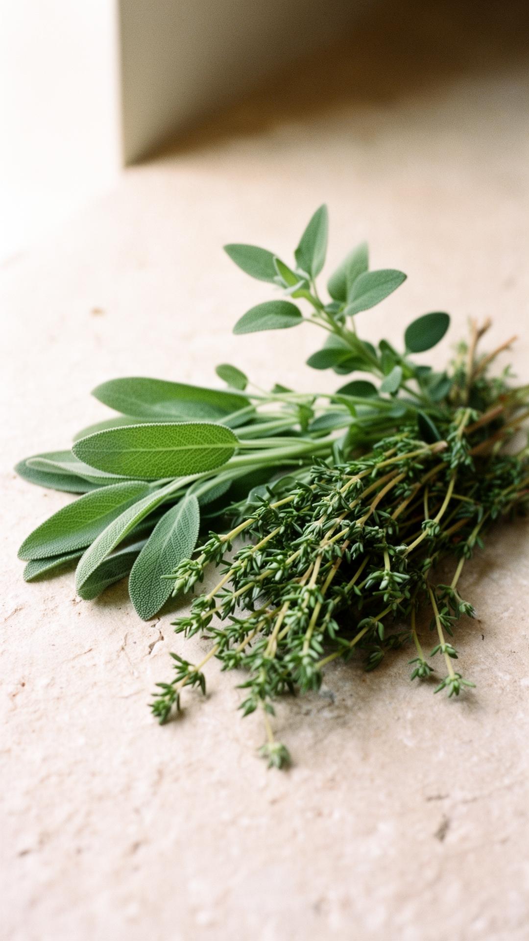 Fresh sage and thyme arranged on a pale stone surface in soft natural light
