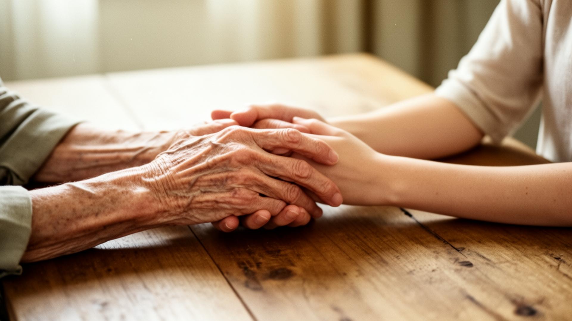 Two pairs of hands resting together on a wooden table, a quiet image of trust and listening