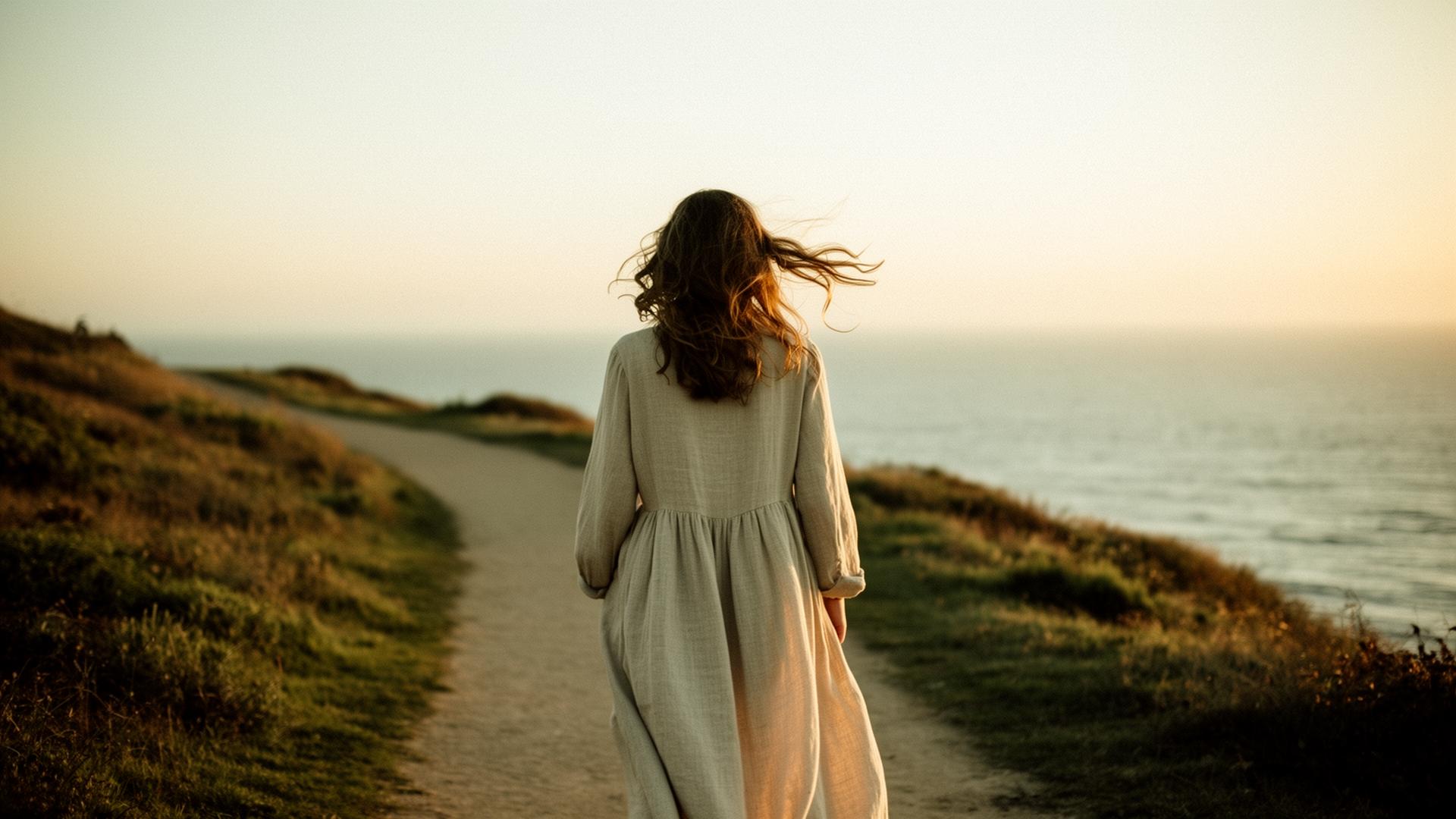 A woman walking alone along a coastal path at golden hour