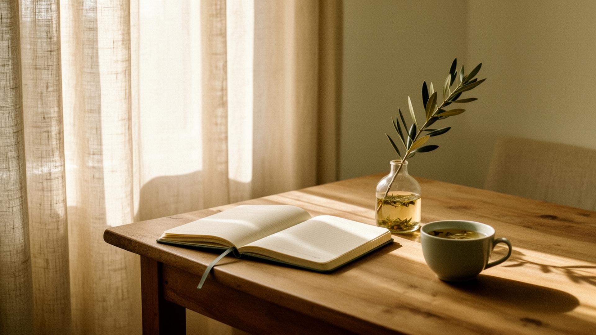 An open notebook, a cup of herbal tea and an olive branch on a wooden table in soft morning light